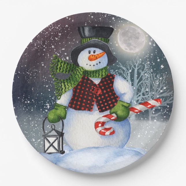 Snowman Watercolor Winter Christmas Paper Plates (Front)