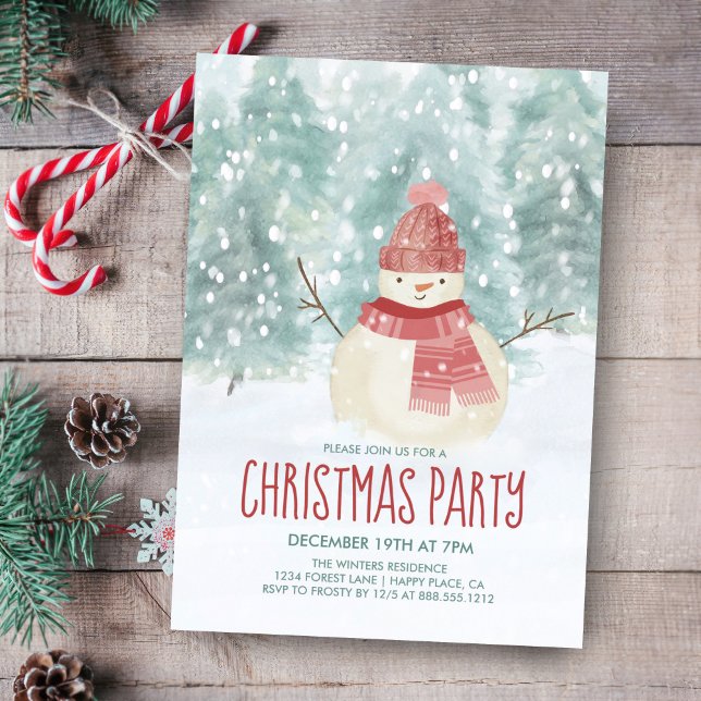 Snowman Watercolor Winter Woodland Christmas Party Invitation (Creator Uploaded)