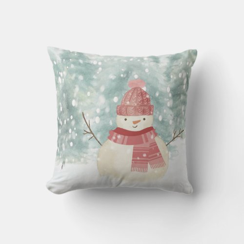 Snowman Watercolor Winter Woodland Christmas Throw Pillow