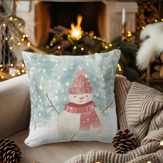 Snowman Watercolor Winter Woodland Christmas Throw Pillow (Creator Uploaded)