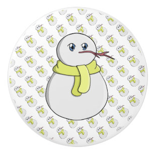 Snowman wearing a yellow scarf ceramic knob