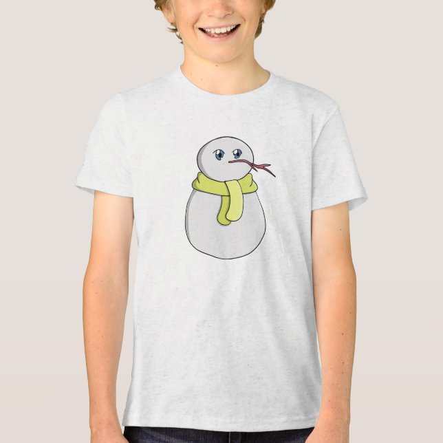 Snowman wearing a yellow scarf Tri-Blend shirt (Front)