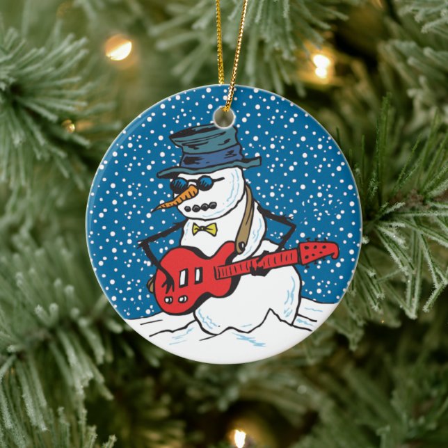 Snowman Wearing Sunglasses & Hat Playing A Guitar Ceramic Ornament (Tree)