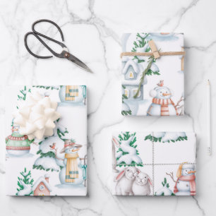 Snowman White Rabbit Trees Watercolor Christmas Wrapping Paper Sheets