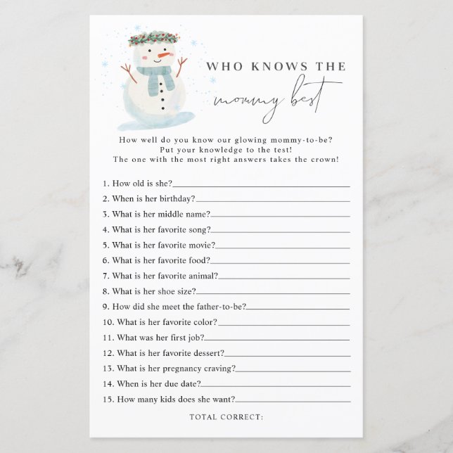 Snowman Who knows mommy best baby shower game (Front)