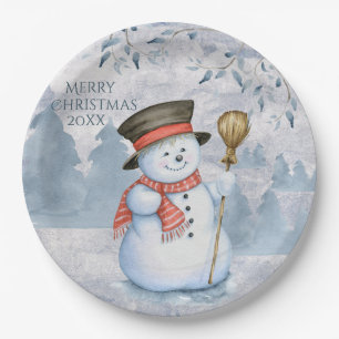 Snowman Winter Merry Typography Holiday Christmas Paper Plates