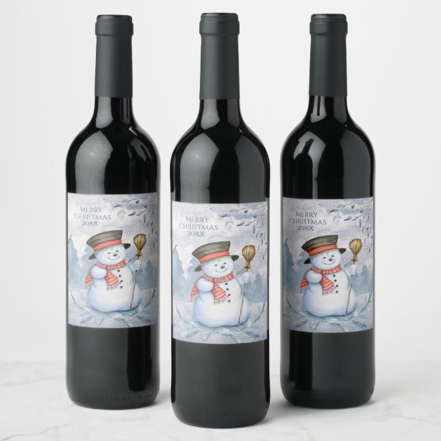 Snowman Winter Merry Typography Year Christmas Wine Label (Bottles)