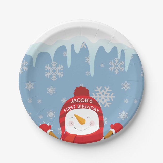 Snowman Winter Onederland Boy First Birthday Paper Plates (Front)