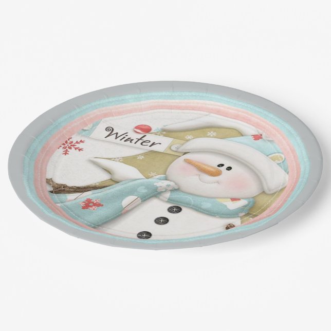 Snowman Winter Paper Plate Party Supplies (Angled)