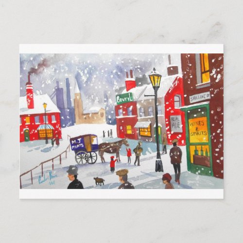 Snowman winter scene folk art painting nostalgic postcard