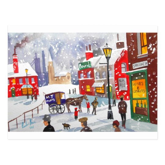 Snowman winter scene folk art painting nostalgic postcard