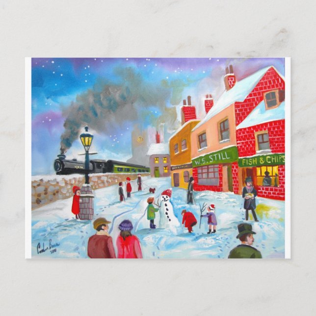 Snowman winter scene folk art painting train postcard (Front)