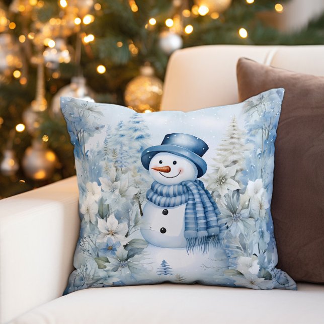 Snowman Winter Snow Blue Hat Scarf Throw Pillow (Decorator pillow with a cute snowman wearing a blue top hat and scarf.)