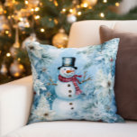 Snowman Winter Snow Buffalo Plaid Throw Pillow<br><div class="desc">Blue and white decorator pillow for the holidays with a cute snowman wearing a buffalo plaid scarf and a black top hat. Personalize with your own text or change the background color.  Contact me for assistance with your customizations.</div>