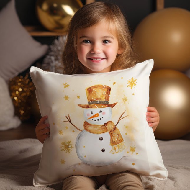 Snowman Winter Snow Gold White Throw Pillow (Gold and white snowman Christmas pillow)