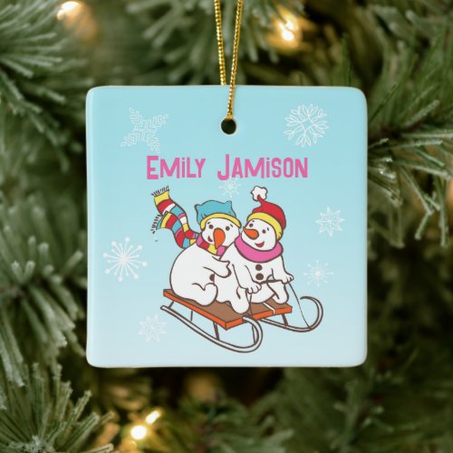 Snowman Winter Sports Name and Wish Ceramic Orname Ceramic Ornament