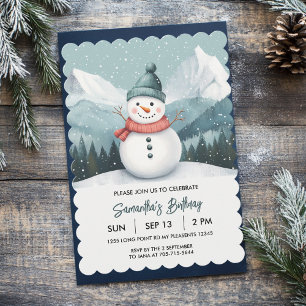 Snowman Winter Wonderland Blue Birthday Invitation