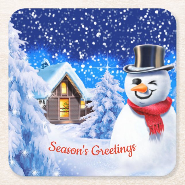 Snowman winter wonderland Christmas Square Paper Coaster (Front)