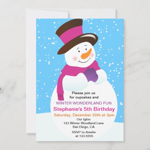 Snowman Winter Wonderland Girl Birthday Invitation