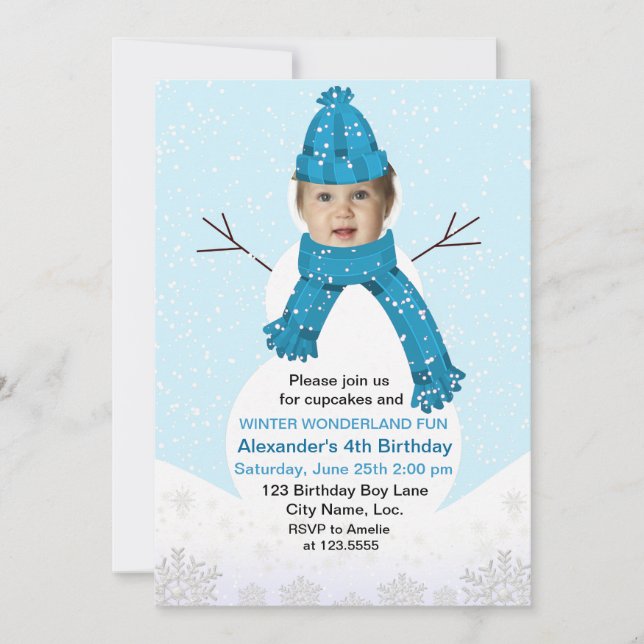 Snowman Winter Wonderland Photo Birthday Custom Invitation (Front)
