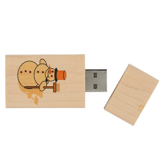Snowman with a broom cartoon wood flash drive (Opened)