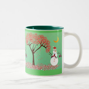 Snowman with a Candycane Tree Two-Tone Coffee Mug