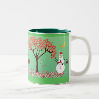 Snowman with a Candycane Tree Two-Tone Coffee Mug
