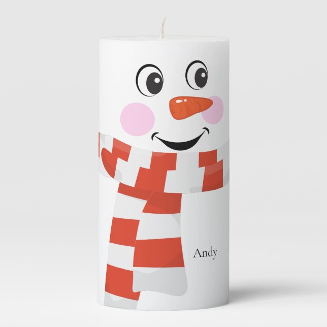 Snowman with a happy face  pillar candle (Front)