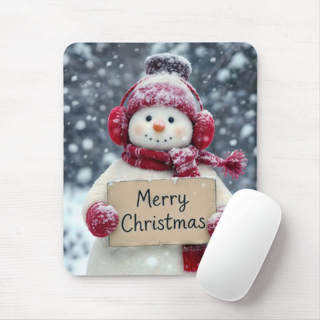 Snowman With a Merry Christmas Sign Mouse Pad (With Mouse)