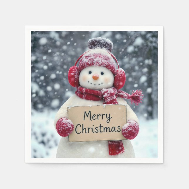 Snowman With a Merry Christmas Sign Napkins (Front)