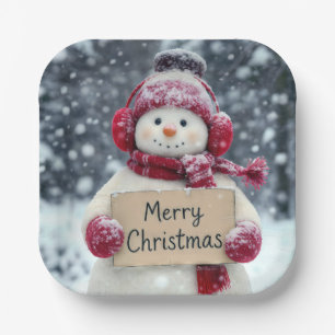 Snowman With a Merry Christmas Sign Paper Plates