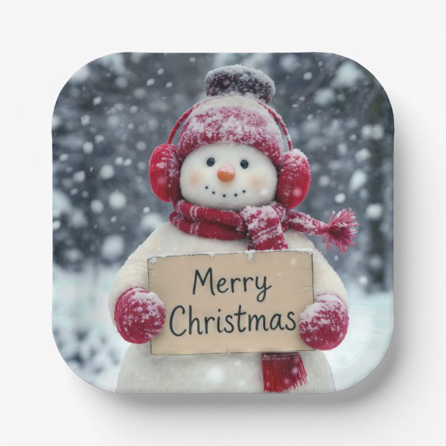 Snowman With a Merry Christmas Sign Paper Plates (Front)