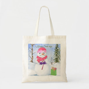 Snowman with a pink scarf Happy snow days Tote Bag
