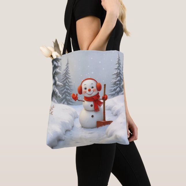 Snowman with a Red Shovel Tote Bag (Close Up)