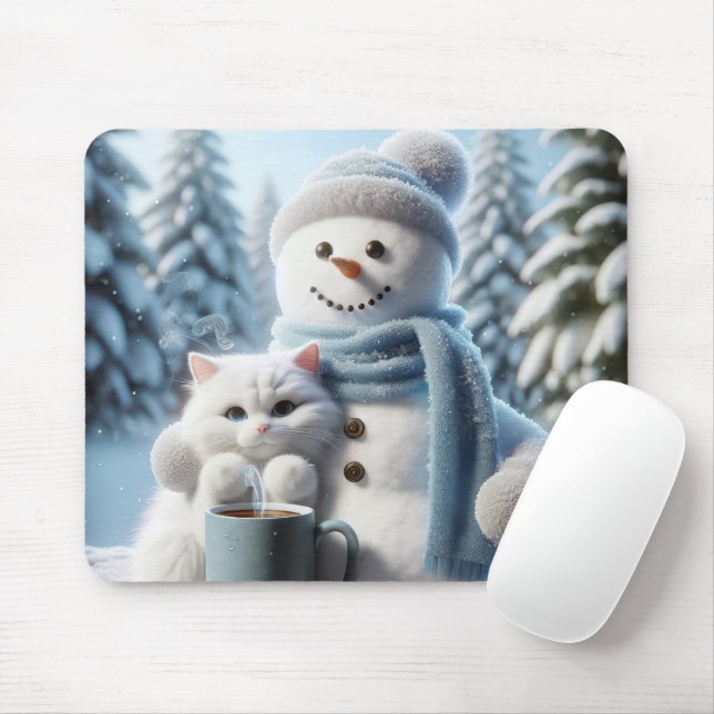 Snowman With a White Cat Mouse Pad (With Mouse)