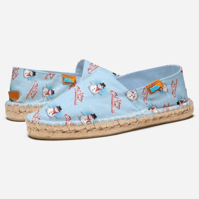 Snowman with Black Hat and Red Scarf on LIGHT BLUE Espadrilles (Angled)
