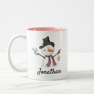 Snowman with blue bird customisable Christmas  Two-Tone Coffee Mug