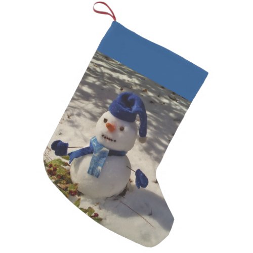 Snowman with Blue hat gloves and Scarf Small Christmas Stocking