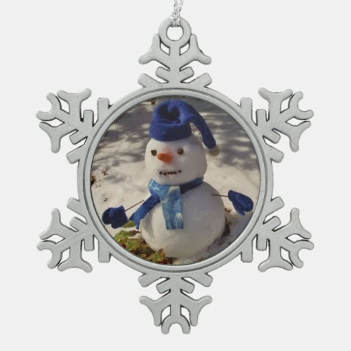 Snowman with Blue hat gloves and Scarf Snowflake Pewter Christmas Ornament