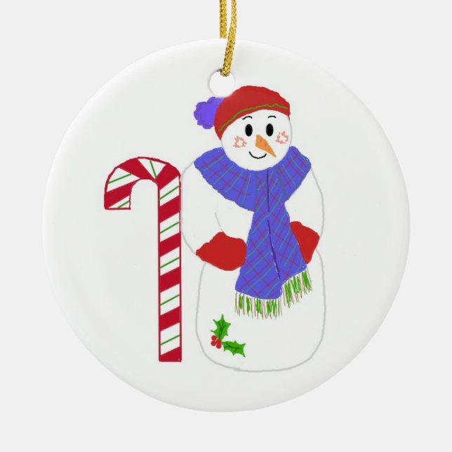 Snowman with Candy Cane Ceramic Ornament (Front)