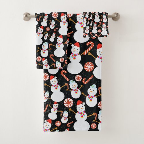 Snowman with Candy Canes and Christmas Candies Bath Towel Set