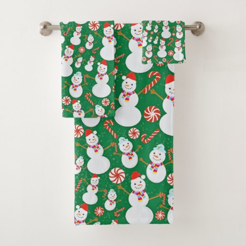 Snowman with Candy Canes and Christmas Candies Bath Towel Set