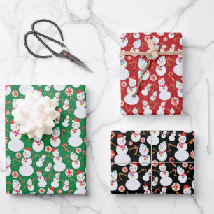 Snowman with Candy Canes and Christmas Candies Wrapping Paper Sheets