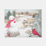 Snowman With Cardinal &amp; Snow Bunny In Garden Doormat at Zazzle