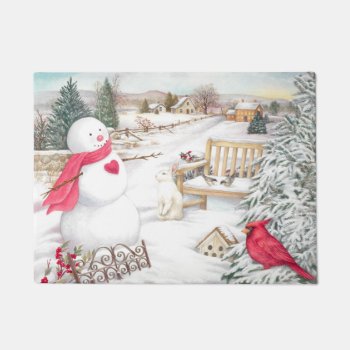 Snowman With Cardinal & Snow Bunny In Garden Doormat by paintedcottage at Zazzle