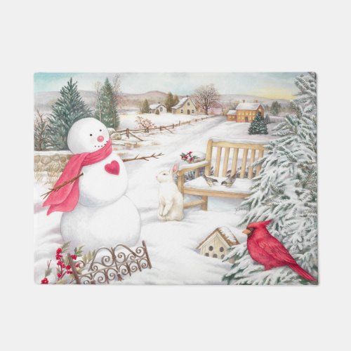 Snowman with Cardinal  Snow Bunny in Garden Doormat