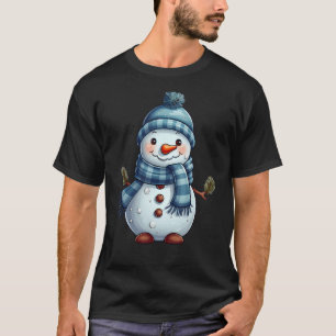 Snowman with Carrot Nose Blue Scarf Snowflake Chri T-Shirt
