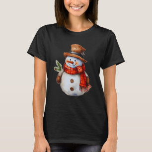 Snowman with Carrot Nose Red Checker Scarf Winter  T-Shirt