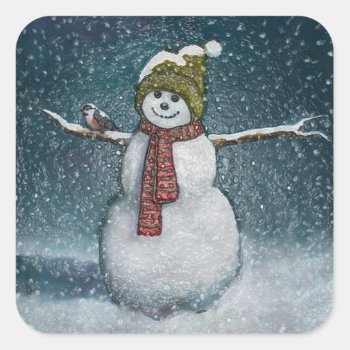 Snowman With Chickadee: Winter Scene Square Sticker by joyart at Zazzle