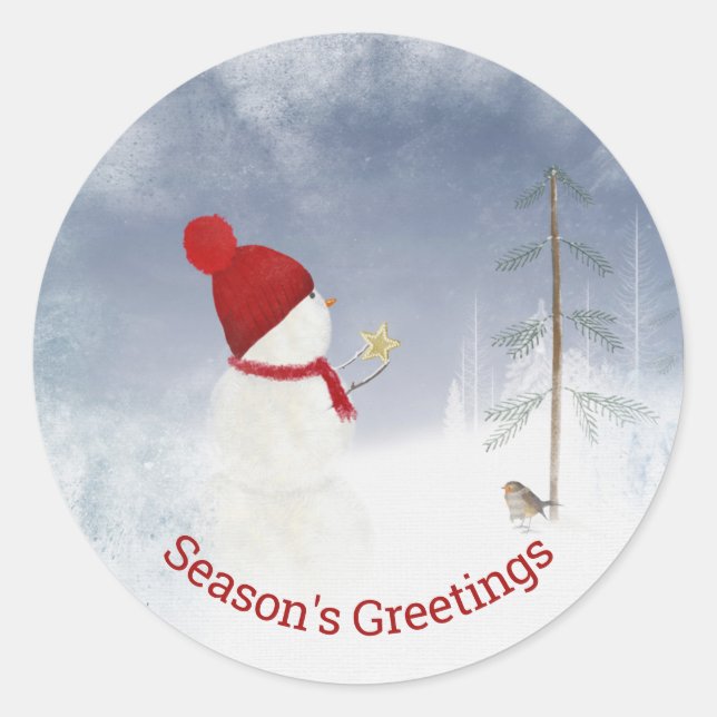 Snowman with Christmas gold star Classic Round Sticker (Front)